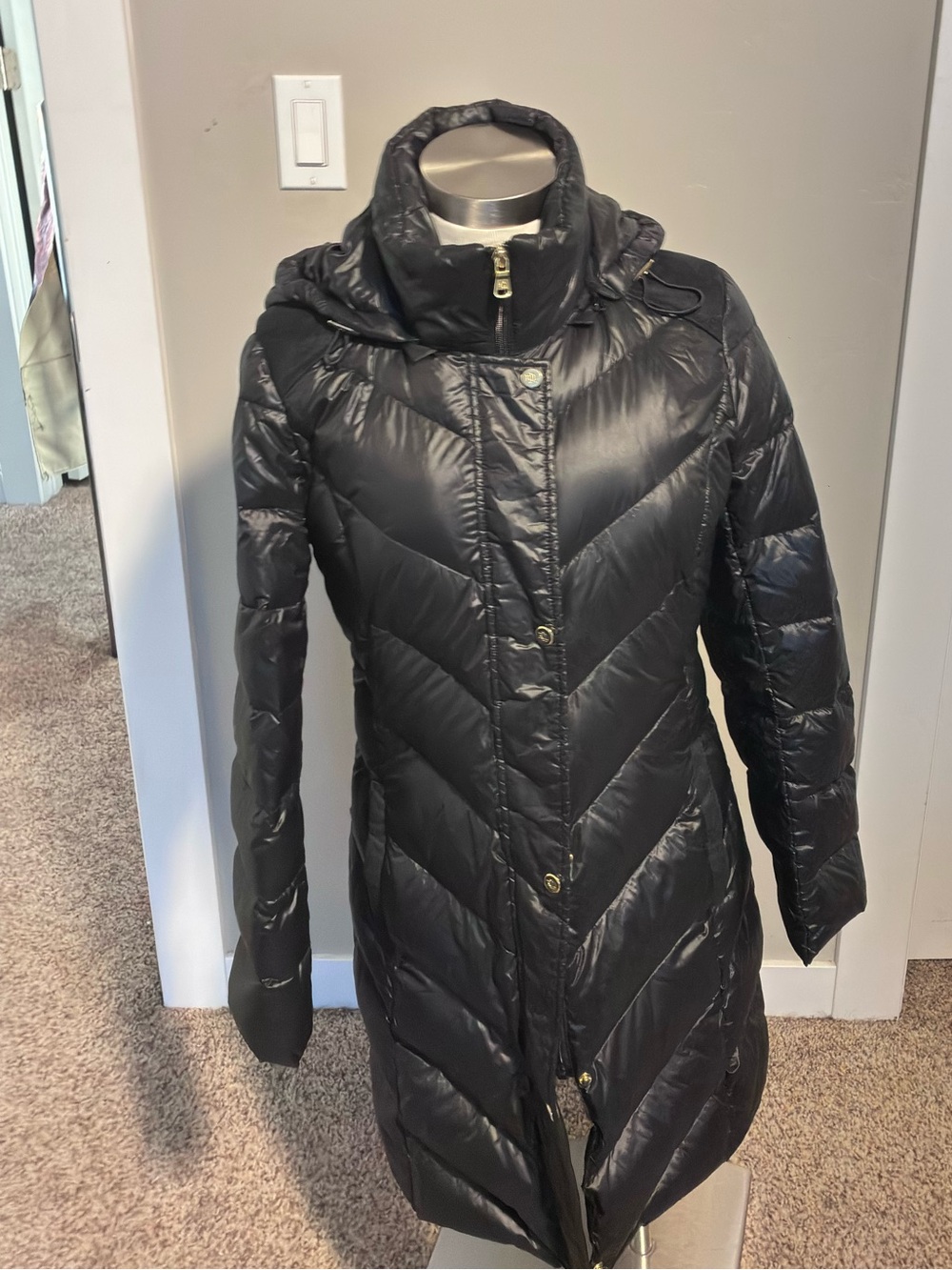 Ralph Lauren Black Chevron Quilted Long Puffer with Hood
